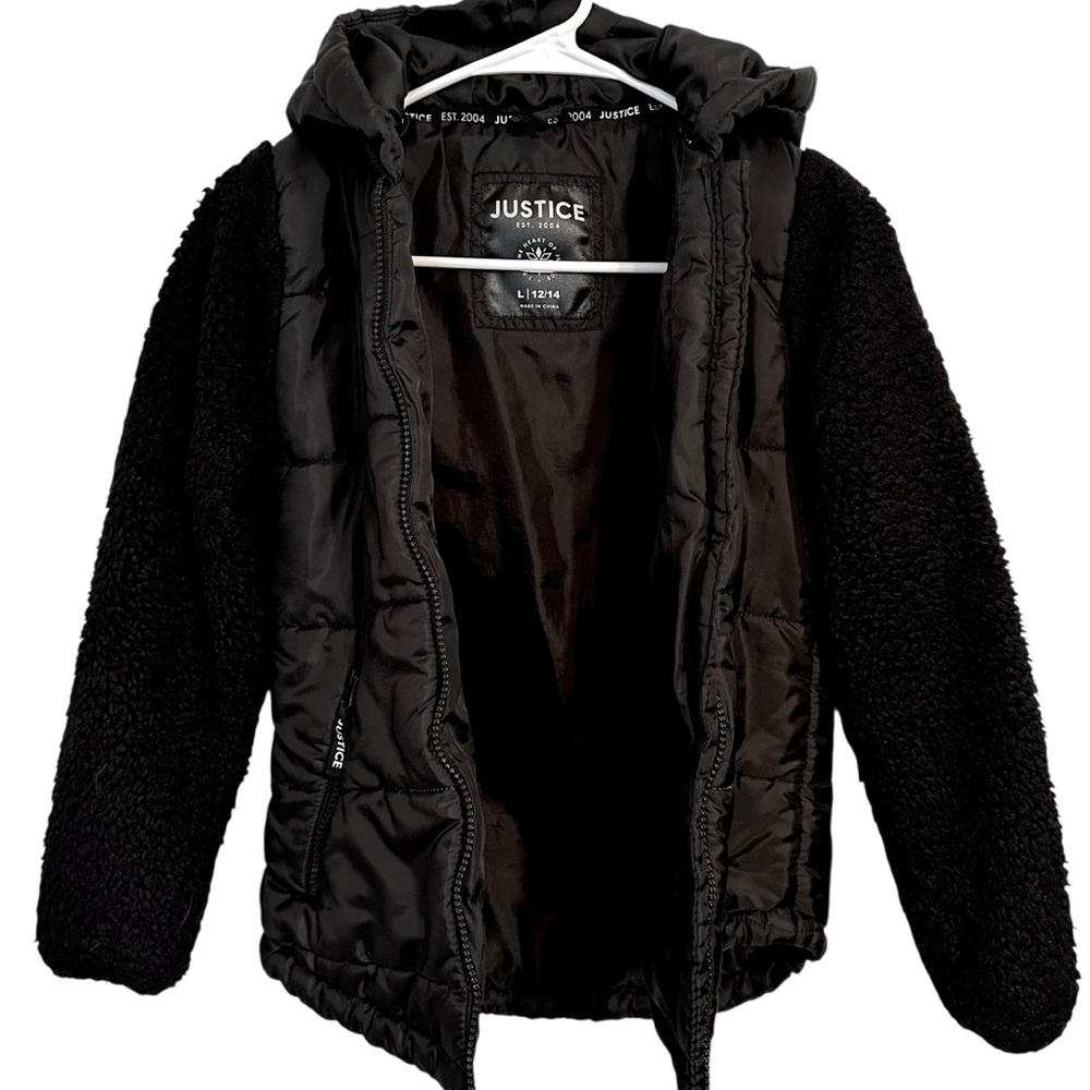 🔥HOST PICK 🔥 Justice Girls Black Puffer Sherpa Jacket Coat L 12/14 - Picture 5 of 8